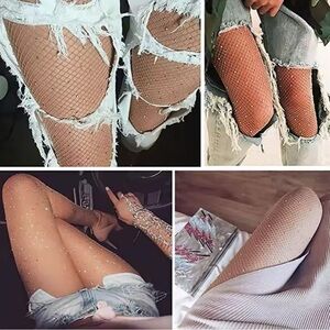 NWT rhinestone fishnet nude Stockings tan beige open crotch sexy hot stripper